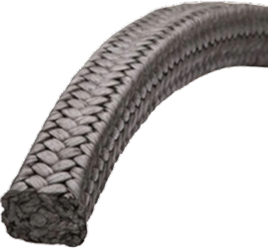 Close-up of a thick, tightly braided gray rope or packing seal, shown against a plain background.