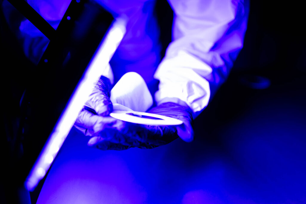 Gloved hands inspect a face mask under a blue sterilizing UV light.